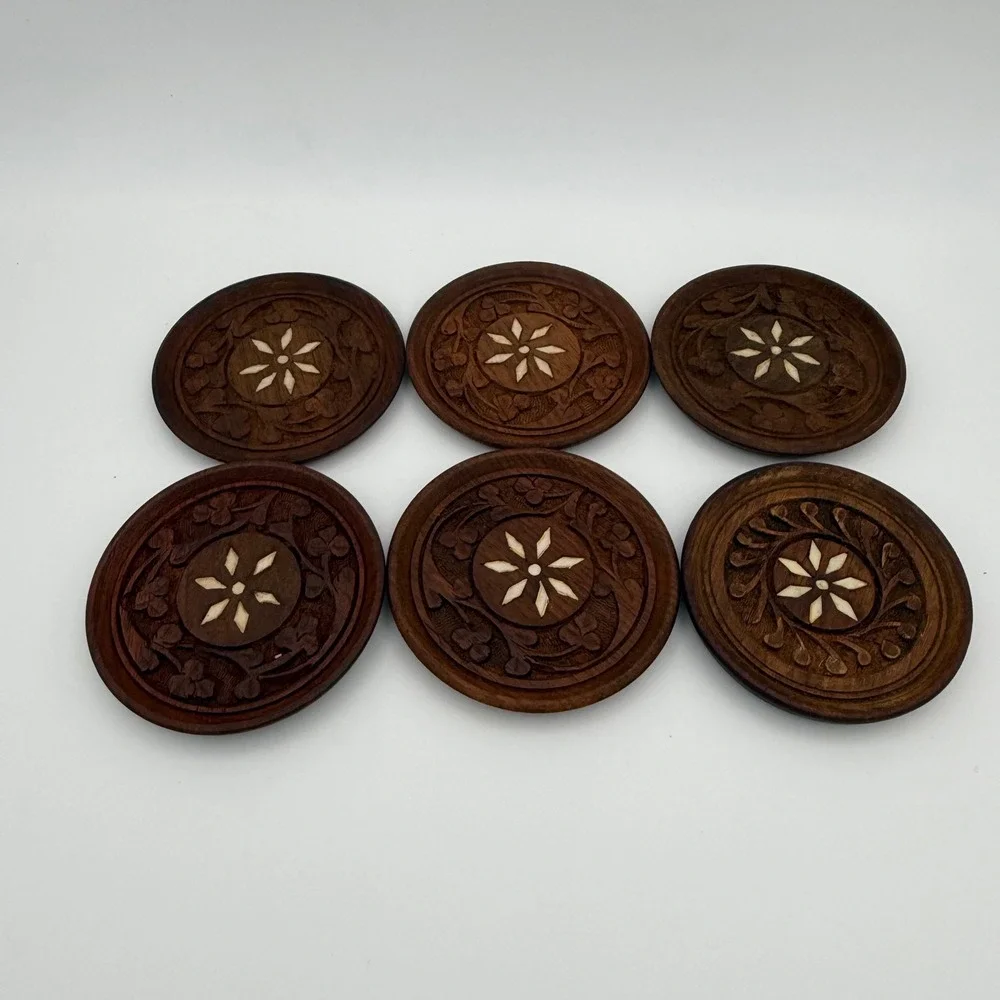 Vintage Busch Gardens Hand-Carved Bone Inlay Wood Coaster Set - 6 Floral